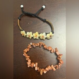 Jadeite Flowers Bracelet Adjustable Handmade + Goldstone Copper Crystals Stretch